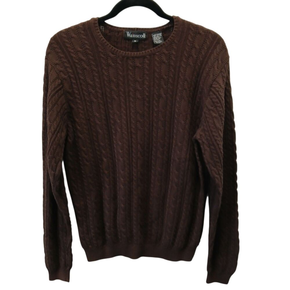 Vtg Wainscott Women Cable Knit Crewneck Sweater  Brown 100% Cotton Long Sleeve M